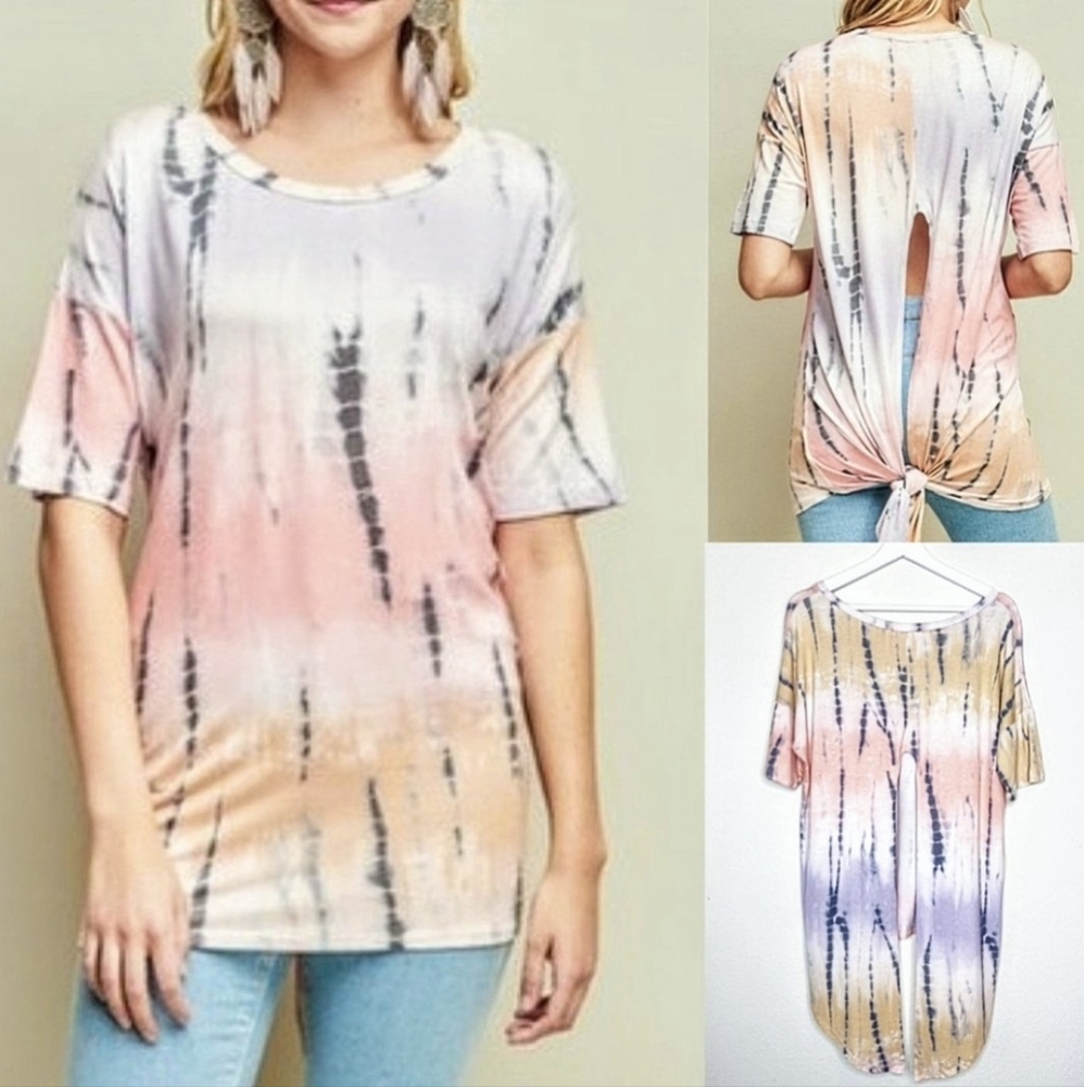 ENTRO Short-Sleeve Tie-Dye Tie-Back Top